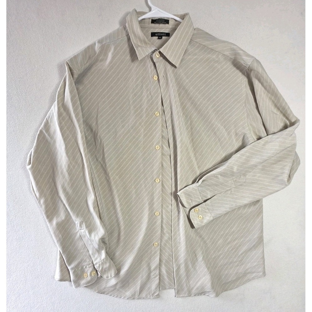 Elliott Mens XXL Button Down Shirt Beige White Striped Long Sleeve Polyester